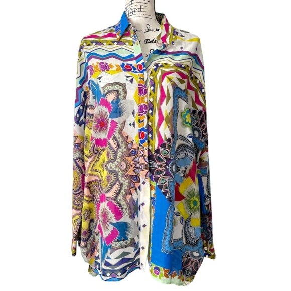 Etro Tops - Etro Button-Up Blouse Floral Long-Sleeve Tunic Italy Silk Cotton Womens Size XXL